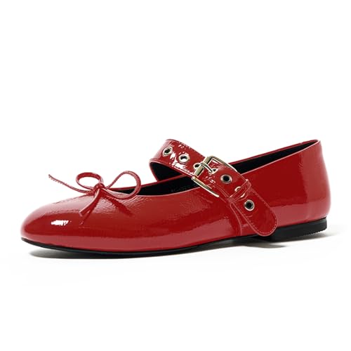 LEMUTISME Women's Vintage Round Toe Patent Leather Comfort Buckled Monk Strap Mary Jane Bow Ballet Flats Shoes