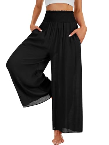 OPOIPIN Women's Smocked High Waisted Lounge Trousers Wide Leg Long Pants with Pockets
