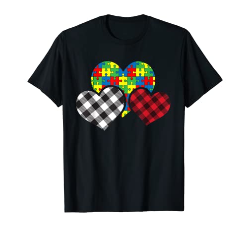 Buffalo Plaid Cuore Puzzle Pezzo Autismo Consapevolezza Carino Maglietta