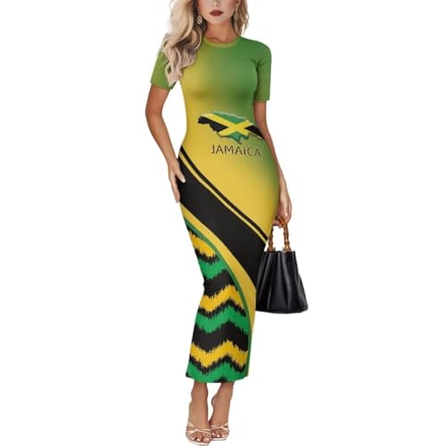 Image of Womens Short Sleeve Jamaican Flag Midi Bodycon Dress
