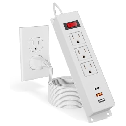 BTU Wall Mount Power Strip with Fast Charing USB C, 3 Outlets Mountable Power Outlet with 3 USB, Under Desk Power Strip,Desk Mount Power Strip with 6FT Power Cord（White） Cover