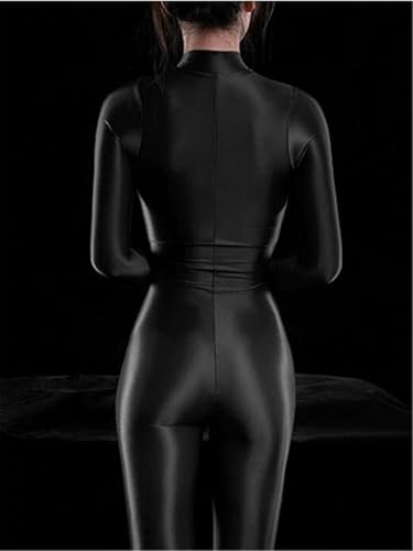 Yaaapiy Damen Glänzend Overalls Ganzkörper Anzug Body Einteiler Bodysuit Jumpsuit Glossy Glatt Strupmhose Leggings Unterwäsche Langarm mit Reißverschluss (schwarz, M)