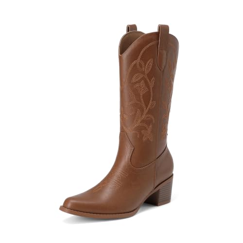 Image of DREAM PAIRS Women's Western Mid Calf Boots Cowboy | Square Toe Chunky Embroidered Boots, Suitable for Music Festivals and Everyday Outfits, Slip on Fashion Booties