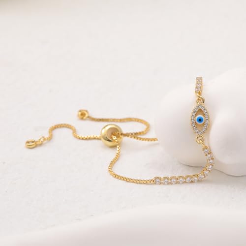 Evil Eye Bracelet for Women, Dainty Devil Eyes Tennis Bracelets, Cute Sparkly Faux Diamond Cubic Zirconia Link Bracelets With Lucky Charm, Small Wrist Friendly Karma and Luck Energy Protection Hand Chain, Adjustable CZ Jewelery Gifts (2mm Gold)4