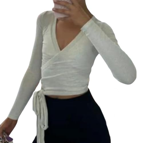 Perbai Women's Ballet Dance Wrap Top Long Sleeve Deep V Neck Tie Front Workout Shirt Y2K Yoga Pilates Top(White-M)
