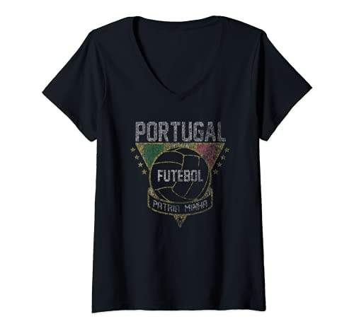 Womens Portugal Vintage Futbol V-Neck T-Shirt, Black