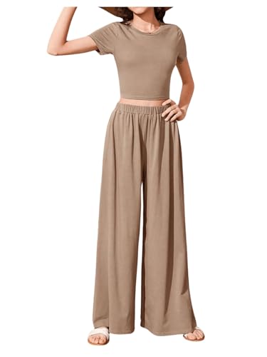 Image of OYOANGLE Girl's 2 Piece Outfits Short Sleeve Crew Neck Crop Top and Elastic Waist Wide Leg Pants Set