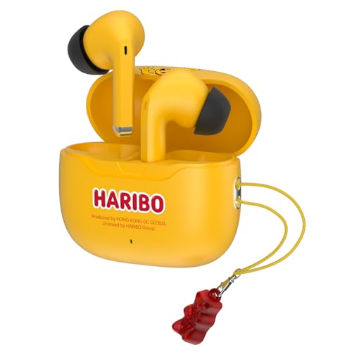 Haribo ワイヤレスイヤホン Bluetooth 5.3 13mm ダイナミックドライバー、IPX4、防水・ENC搭載、USB-C充電、グミベアデザイン (YELLOW)