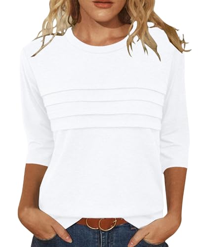 JomeDesign 3/4 Length Sleeve Womens Tops Round Neck Casual Tunic Tops Pleated Shirts Dressy