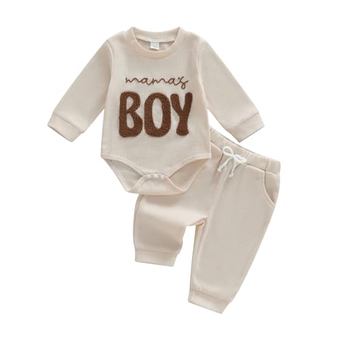 Image of MERSARIPHY Newborn Baby Boy Fall Winter Clothes Mama's Boy Little Dude Outfit Embroidery Waffle Knit Romper Pants Sets