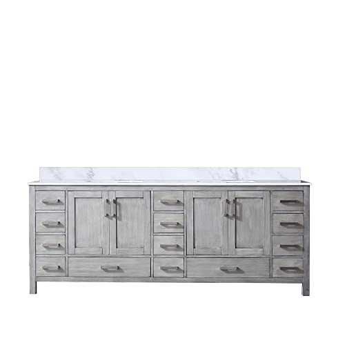 Bell+Modern Big SUR 84 inch Distressed Grey Double Vanity, White Carrara Marble Top, White Square Sinks and no Mirror Bell+Modern Big SUR 84 inch Distressed Grey Double Vanity, White Carrara Marble Top, White Square Sinks and no Mirror