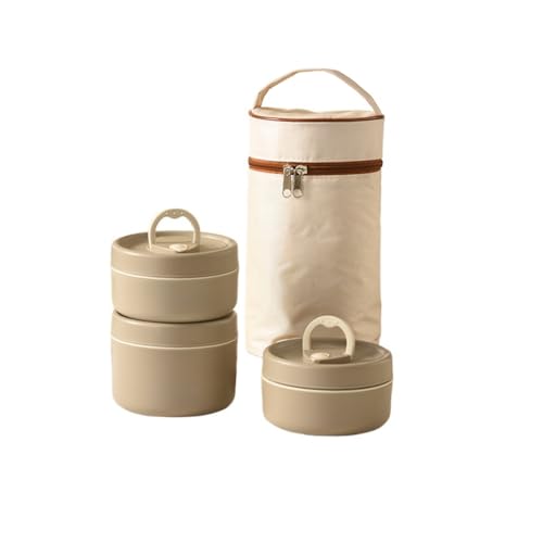 Nihig ステンレス保温弁当箱5時間の保温、真空断熱スープジャー 大容量、スープランチセット、食器と収納バッグ付き、2 /3/4段お弁当箱、大容量お弁当箱、密封された漏れ防止、通勤 運動会 通学 キャンプ (ブラウン,3セット(カトラリー+保温バッグ))