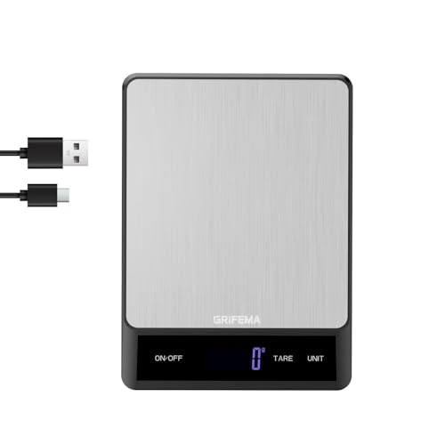 GRIFEMA GA2008-1, Balance de Cuisine Rechargeable 5000g/1g, Balance Multifonction pour Aliments en Acier Inoxydable, 6 Unités et Fonction Tare, Argent