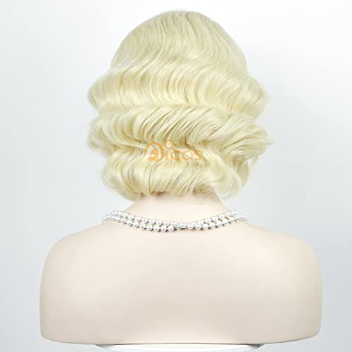 Aicos 1920S Blonde Curly Finger Wave Wig, Vintage Retro Costume Wig Flapper Theatrical Costume Premium Wig With Headband #TOP5