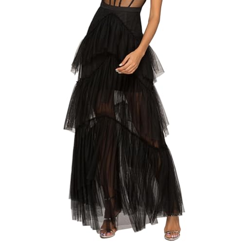 WDPL Women's Long Irregular Tiered Layerd Sheer Prom Party Tulle Skirt