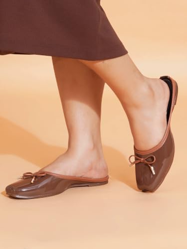 Image of TRYME Elegant Women's Glossy Patent Slip-On Mules with Bow Detail | Comfortable Flat Sandals for Office, Casual & Daily Wear