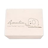 Personalisierte Erinnerungsbox aus Holz • Gravierte Aufbewahrungsbox mit Namen & Geburtsdaten • Geschenk zur Geburt, Taufe & Geburtstag • Hochwertige Baby-Erinnerungskiste (Elefant)