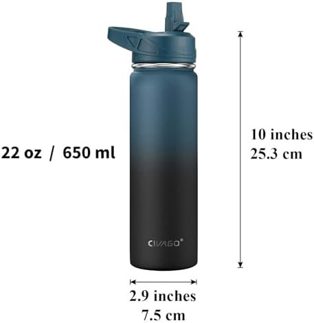 CIVAGO 22 oz Insulated Water Bottle With Straw, Stainless Steel Sports Water Flask Cup with 3 Lids (Straw, Portable Spout and Handle Lid), Double Walled Travel Thermal Canteen Mug, Indigo Black
