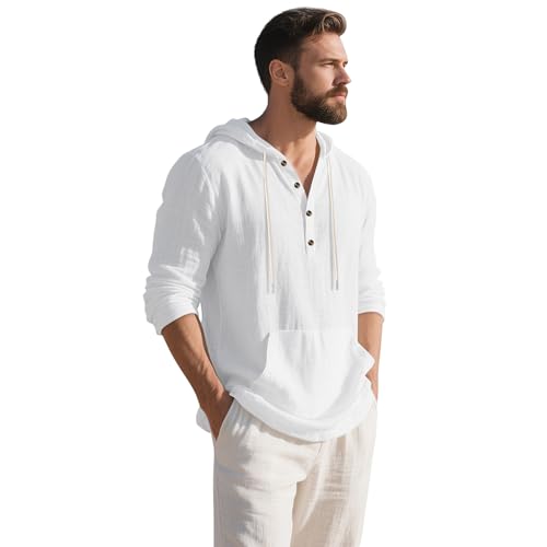 Men's Linen Hoodie Lightweight Hawaiian Shirt Casual Beach Shirt with Pockets2