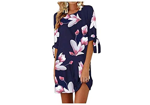 Preisvergleich Produktbild Boni caro Damen-Kleid, gefüttert, lässig, Blumenmuster, Sommer, Herbst, Chiffon, Tunika, kurzärmelig, Rundhalsausschnitt, alle Anlässe Gr. 38-40, Blumenblau