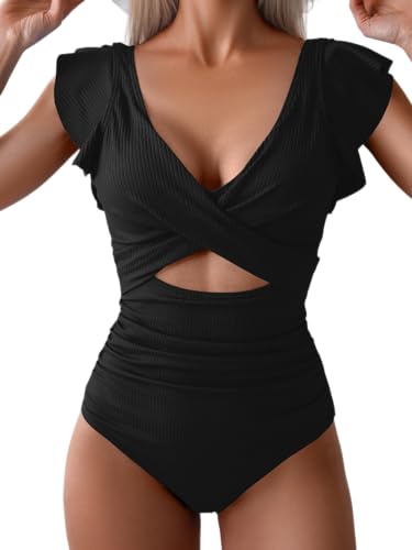 B2prity Women's One Piece Swimsuit Ruffle Cutout Bathing Suits Slimming Tummy Control V Neck Wrap Swimwear