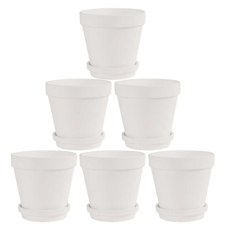 Fcacti 6 Inch White Clay Pot for Plant with Saucer - 6 Pack Large Terra Cotta Plant Pot with Drainage Hole, Flower Pot with Tray, Terracotta Pot for Indoor Outdoor Plant