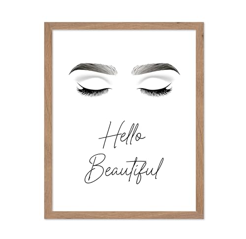 Image of Poster Master Fashion Poster - Hello Beautiful Print - Trendy Art - Modern Art - Minimal Art - Gift for Men, Women & Fashionista - Glam Decor for Dorm, Living Room or Bedroom, 8x10 Beige Framed