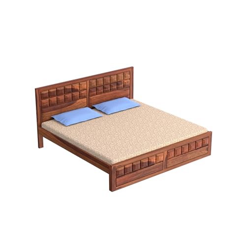 Image of Solid Sheesham Wood King Size Bed Without Storage | Wooden Double Bed Cot Bed for Bedroom Furniture | Palang Double Bed for Hotels | Honey