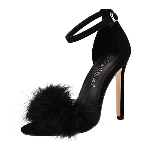Sandalias de punta abierta para mujer, tacón alto, con tiras de plumas, tacones altos, sexy, con hebilla, botas altas hasta el muslo y tacón grueso, Black, 38 EU