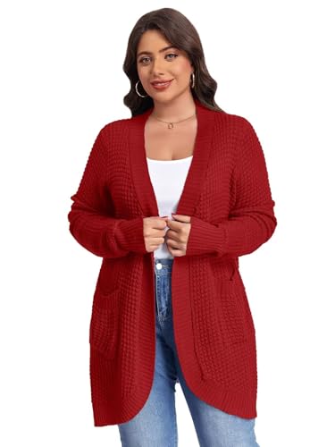 Image of LARACE Long Cardigans for Women Plus Size Tops Open Front Sweaters with Pockets Waffle Ribbed Sleeve Loose Fall Outwear