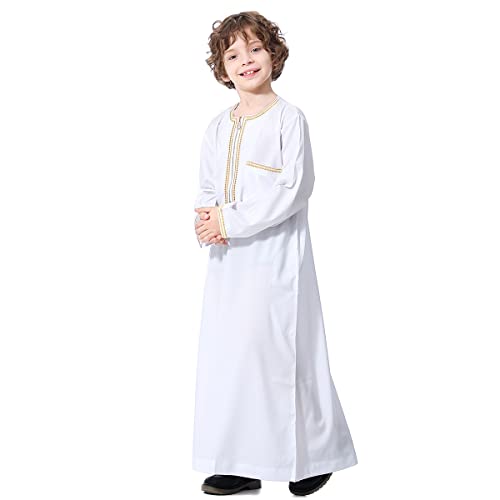 Image of OBEEII Boy's Muslim Arab Solid Color Thobe Long Sleeve Kaftan Embroidered Robe Islamic Arabic Abaya Thobe