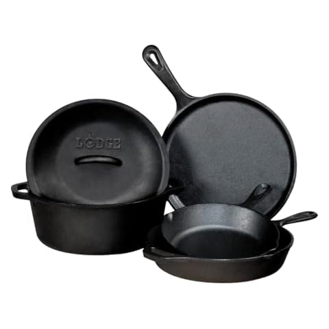 Lodge Seasoned Cast Iron 5 Piece Bundle. 10.5" Griddle, 8" Skillet, 10.25" Skillet, 10.25" Dutch Oven, and 10.25" Lid,Black Cover