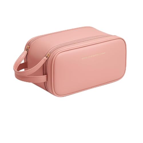 Necessaire Bolsa Organizadora de Maquiagem Couro Sintético Grande Capacidade com Duas Camadas, Alça Lateral, Divisórias Internas e Suporte para Pincéis – Ideal para Viagem (Rosa)