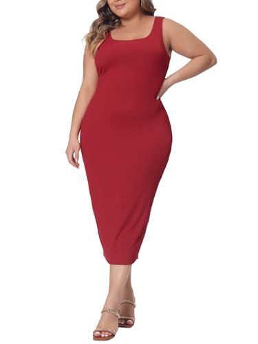 Image of Agnes Orinda Plus Size Dress for Women Summer Sleeveless Square Neck Bodycon Cocktail Sundress Sexy Midi Tank Dress