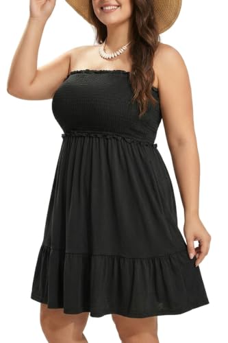 Pinup Fashion Plus Size Swimsuit Cover Ups Women Black Strapless Dress Tube Top Bathing Suit Ruffle Coverup with Pocket