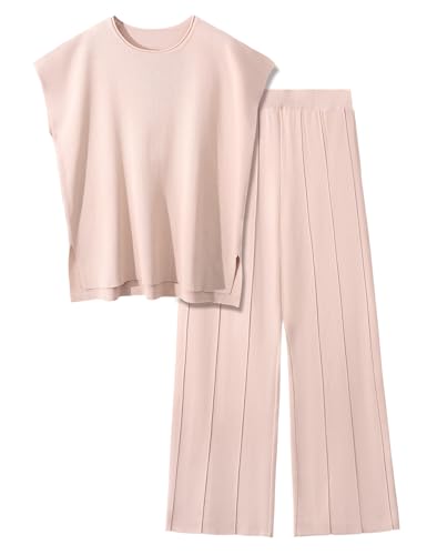 PASUDA Conjunto Punto Mujer 2 Piezas Ropa Verano Casual Cuello Redondo Tops Manga Corta de Punto y Cómodo Pantalon Suelto Moda Conjuntos Loungewear Deportivo (Caqui, S)