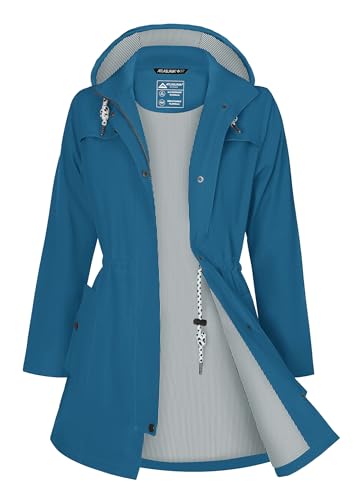 ATLASLAVA Regenjacke Damen Lang Wasserdicht Kapuze Regenmantel übergangsjacke Trenchcoat Outdoor Mantel Petrolblau M