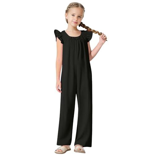 Overol de manga con volantes para niñas, color sólido, pantalones sueltos, overol de verano holgado, ropa de pierna ancha, camisón liso para adolescentes (negro, 7-8 años)