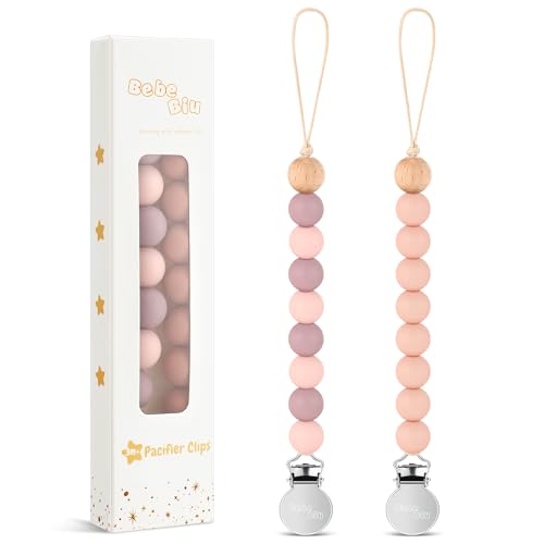 BebeBiu Silicone Dummy Clip for Baby Boys and Girls, 2 Pack Pacifier Clips, Dummy Chain, Soother Dummy Holder, Pacifier Holder, Keeps Pacifier Clean (Mauve/Muted) - Mauve/Muted