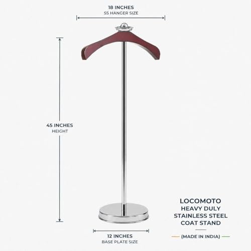 Image of LOCOMOTO Stainless Steel Coat Stand | Heavy Duty Garment Hanger Stand Rack | Cloth Stand for Office, Home, Showroom & Boutique | Rust Proof Durable Coat Hanger Stand (WOODEN HANGER)