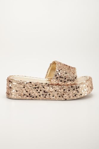 Resim Kadın Dolgu Topuk Terlik Altın Pullu Kalın Tek Bant Kaplama Taban 