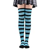 LUZTACT Long Striped Socks Over Knee Thigh High Stockings for Women Girls Cosplay Costumes Party Supplies (Wide stripes, Black and Blue)
