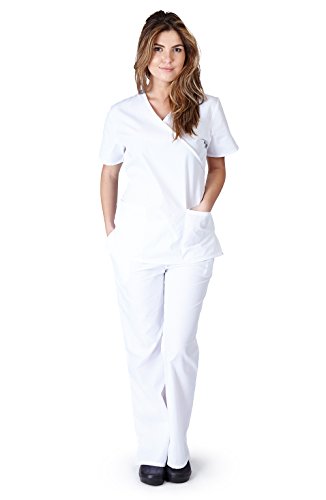 Natural Uniforms - Women's Mock Wrap/Flare Pant Medical Scrubs Set (White, Medium)