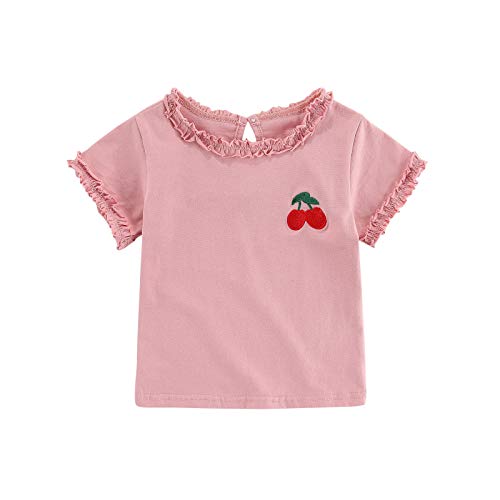 Toddler Baby Girls Ruffle Sleeve Shirts Kids Cute Cherry Embroidery Short Sleeve Crewneck Blouse Summer Tops