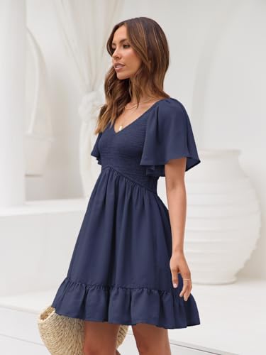 Image of LILLUSORY Women's Flowy Casual Mini Dresses 2026 Summer Graduation Smocked V Neck Vacation Dress Dress with Pockets