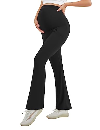 Image of HEGALY Women's Maternity Flare Leggings Over The Belly - Casual Pregnancy Yoga Pants with Pockets Buttery Soft, Black, L