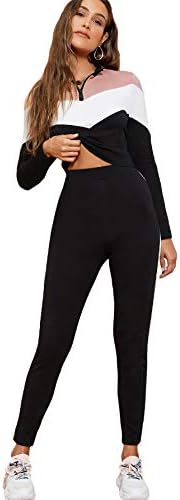 SweatyRocks Women's 2 Pieces Outfits Crop Sweatshirt and Long Pants Tracksuits Set Sportwear Colorblock Black XS
