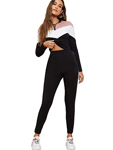 Sweatyrocks Women's 2 Pieces Outfits Crop Sweatshirt And Long Pants Tracksuits Set Sportwear Colorblock Black Xs #TOP26