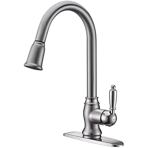 Brass Kitchen Faucet with Pull Down Sprayer Brushed Nickel, SonTiy High Arc Single Handle Stainless Steel Kitchen Sink Faucets, 1Hole Or 3 Hole Pull Out Faucets with Sprayer for Kitchen Sink Cover