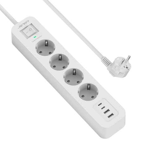 JSVER Multiple Socket Surge Portection med 4 USB-portar, Väggfäste (3680W 16 A) Power Strip, 4-vägs Power Strip med Switch 2 m kabel för Smartphones, Surfplattor–Vit